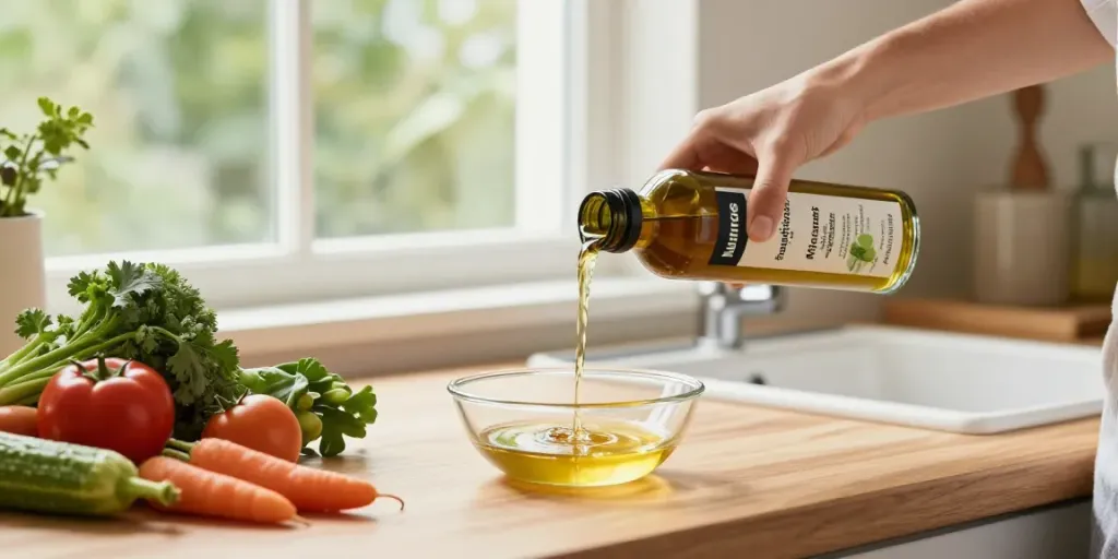 Schwarzkümmelöl von Naturzade wird in einer modernen Küche verwendet, um gesunde Gerichte zuzubereiten.